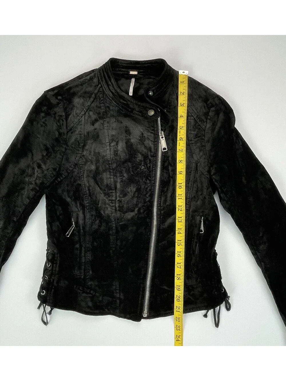 FREE PEOPLE Black Lacey Velvet Moto Jacket Lace Up Sleeve Corset Biker XS